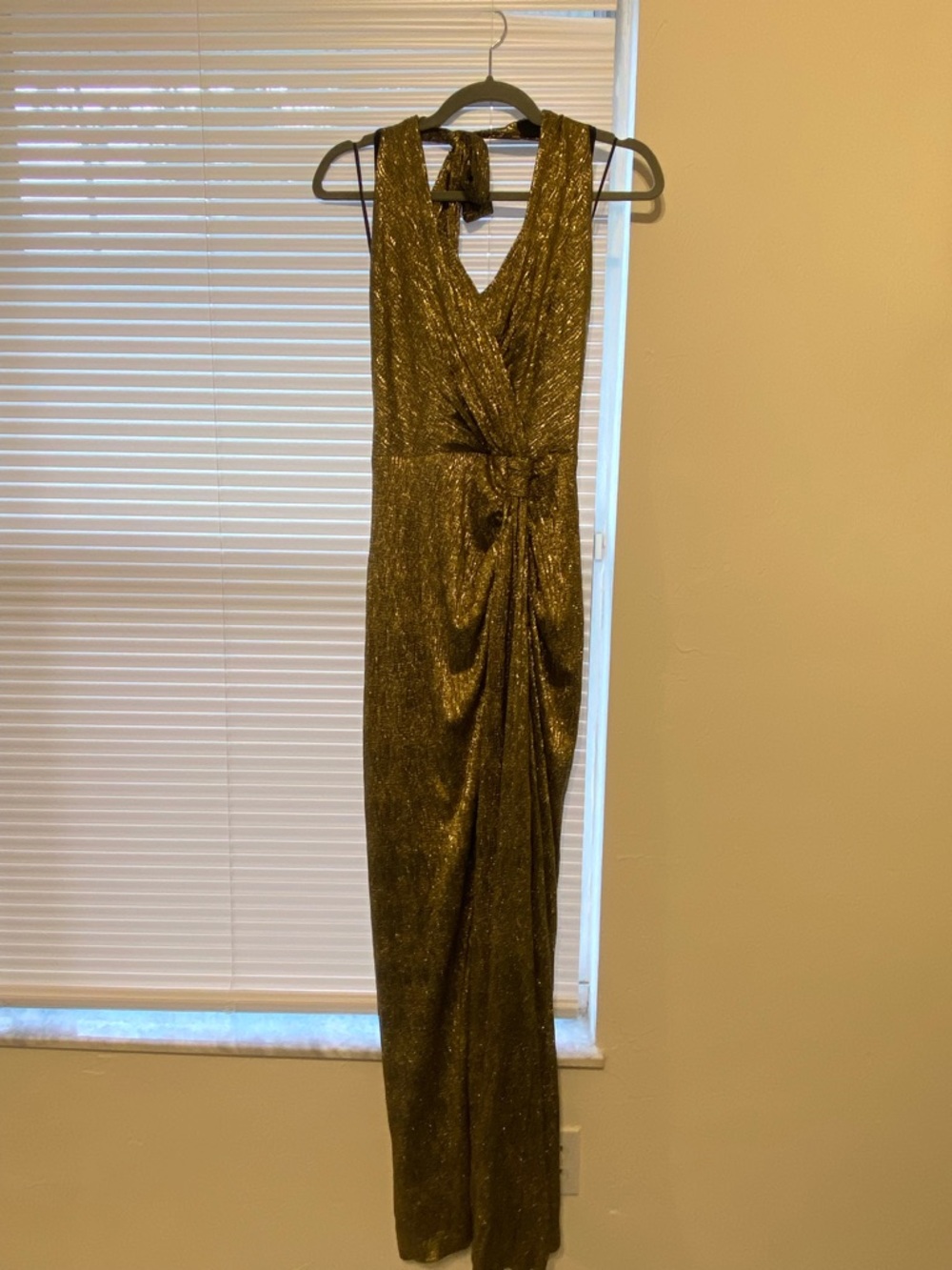 Metallic Gold Sleeveless Evening Dress - Elegant Draped Gown